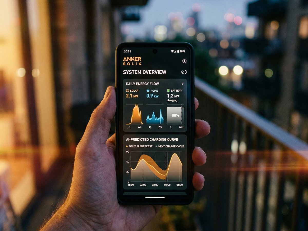 Anker Solix App Dashboard mit KI-Vorhersage-Kurven